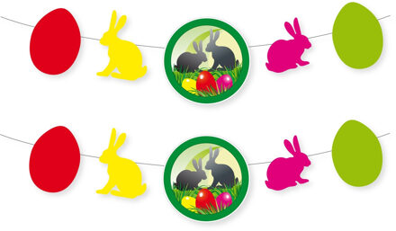 Pasen thema versiering - 2x - papier - 120 x 28 cm - gekleurd - slinger - paashazen