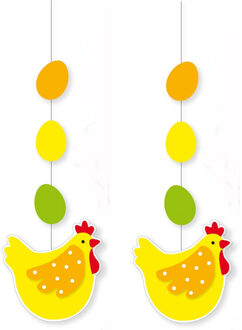 Pasen thema versiering - 2x - papier - 66 x 25 cm - geel/groen - hangdecoratie - kip met eitjes