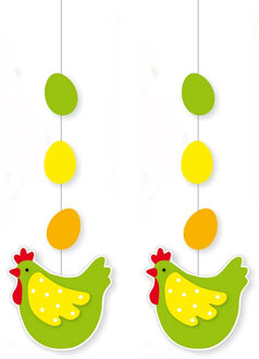 Pasen thema versiering - 2x - papier - 66 x 25 cm - groen/geel - hangdecoratie - kip met eitjes