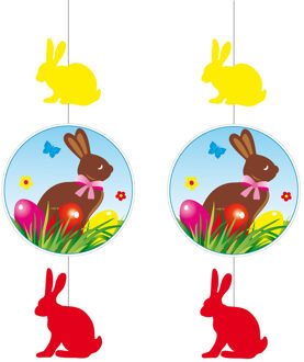 Pasen thema versiering - 2x - papier - 70 x 20 cm - gekleurd - hangdecoratie - paashazen