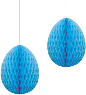 Pasen thema versiering - 2x - papier - hangend paasei van 20 cm aan koord - blauw