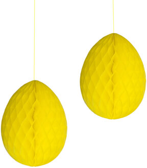 Pasen thema versiering - 2x - papier - hangend paasei van 20 cm aan koord - geel