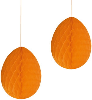 Pasen thema versiering - 2x - papier - hangend paasei van 20 cm aan koord - oranje