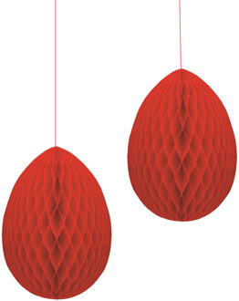 Pasen thema versiering - 2x - papier - hangend paasei van 20 cm aan koord - rood