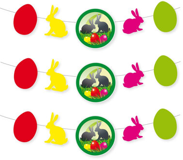 Pasen thema versiering - 3x - papier - 120 x 28 cm - gekleurd - slinger - paashazen
