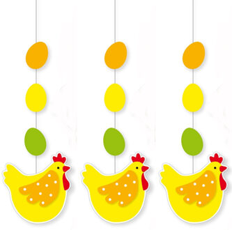 Pasen thema versiering - 3x - papier - 66 x 25 cm - geel/groen - hangdecoratie - kip met eitjes