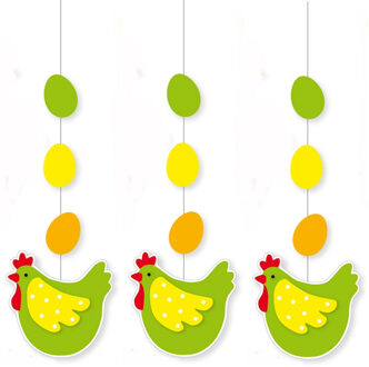Pasen thema versiering - 3x - papier - 66 x 25 cm - groen/geel - hangdecoratie - kip met eitjes