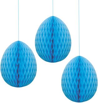Pasen thema versiering - 3x - papier - hangend paasei van 20 cm aan koord - blauw