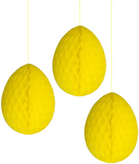 Pasen thema versiering - 3x - papier - hangend paasei van 20 cm aan koord - geel