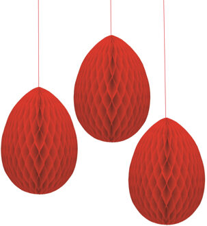Pasen thema versiering - 3x - papier - hangend paasei van 20 cm aan koord - rood