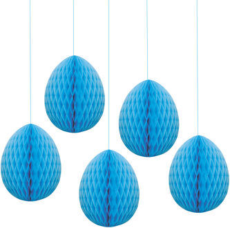 Pasen thema versiering - 5x - papier - hangend paasei van 20 cm aan koord - blauw
