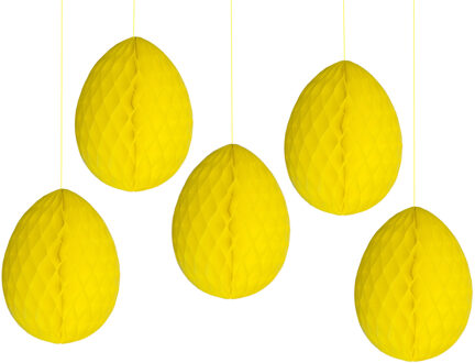 Pasen thema versiering - 5x - papier - hangend paasei van 20 cm aan koord - geel