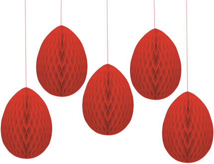 Pasen thema versiering - 5x - papier - hangend paasei van 20 cm aan koord - rood