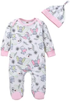Pasgeboren Baby Baby Jongens Meisjes Cartoon Animal Print Romper Jumpsuit + Hoed Sets Mode Baby Jongens Meisjes Kleding Комбинезон roze / 3M