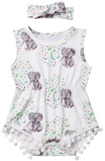 Pasgeboren Baby Baby Meisje Olifant Print Romper Kleding Mouwloze Kwasten Jumpsuit Hoofdband Outfit Zomer B / 6m