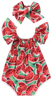 Pasgeboren Baby Meisjes Kleding 2Pc Watermeloen Print Korte Mouw Ronde Hals Bodysuit Strik Hoofdband Casual Zomer Set Rood / 12m