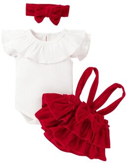 Pasgeborenen Meisje Driedelige Set Infant's Geribbelde Vliegende Mouwen Ruches Romper Fluwelen Jarretel Rok Haarband Voor Baby Leisure 12m