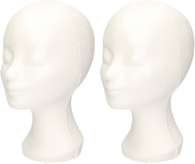 Paspop display etalage hoofd/mannequin - 2x - 30 cm - piepschuim - wit - voor hoeden/pruiken/accesso