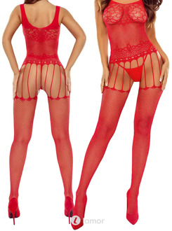Passion Rode bodystocking ouvert mesh, BS119 - Maat: S/M