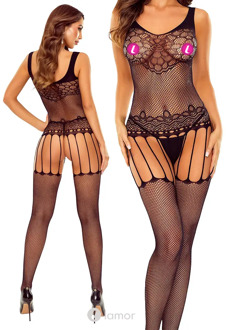 Passion Zwarte bodystocking ouvert mesh, BS119 - Maat: S/M