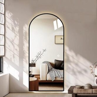 Passpiegel met LED Verlichting en Verwarming 100x180cm - Afimera Tuba - Zwart - Wandspiegel voor Woonkamer en Badkamer - Rondboog Vorm - Touch Bediening - Dimbaar - Aanpasbare Lichtkleur Helder/Koud wit;Warm wit;Natuurlijk wit