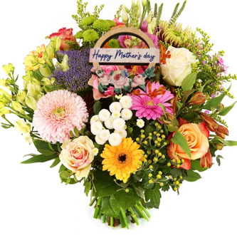 Pastel bont boeket + moederdag bijsteker