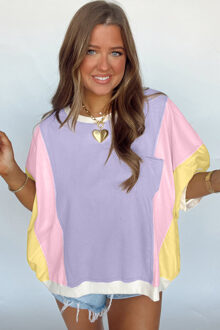 Pastel Kleurblok Korte Mouw Top - maat XL Paars