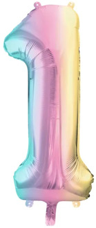 Pastel Regenboog Folieballon Cijfer 1 (86cm) Multikleur - Print