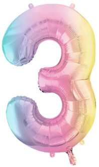 Pastel Regenboog Folieballon Cijfer 3 (86cm) Multikleur - Print