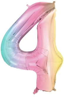 Pastel Regenboog Folieballon Cijfer 4 (86cm) Multikleur - Print