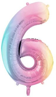Pastel Regenboog Folieballon Cijfer 6 (86cm) Multikleur - Print