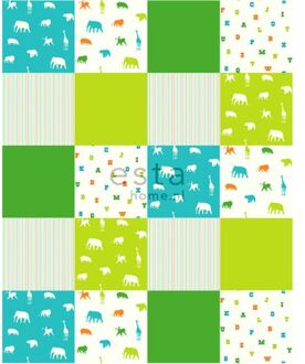 patchwork behang dieren limegroen en turquoise Blauw