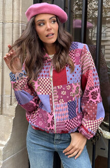 Patchwork Oversized Cotton Bomber Jacket Paars