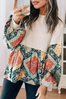 Patchwork Print Blouse Lange Mouwen Ivoor