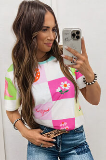 Patchwork Print Korte Mouwen T-shirt - maat S Wit