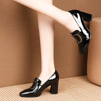 Patent Leather High Heels Woman Work Shoes Women Pumps Block Heel Square toes Female Deep Footwear 2020 NEW Black Wine-red