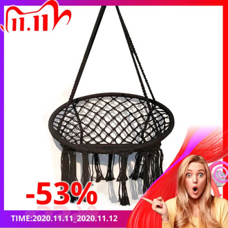 Patio Watcher Hammock Chair Macrame Swing with Cushion and Hanging Hardware Kits, Handmade Knitted Mesh Rope Swing Chair