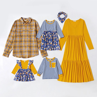 PatPat Mosaic Family Matching Sets in Autumn(V-neck Solid Dresses - Plaid Shirts - Long Sleeve T-shirts) Family Look Sets
