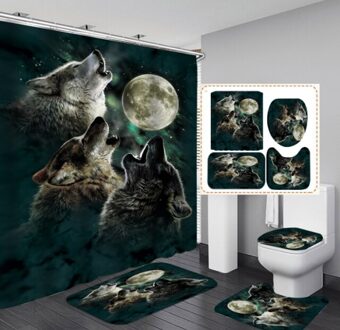 Patroon Eenzaam Wolf Badkamer Decoratie Waterdichte Douchegordijn Bad Mat Voetstuk Tapijt Deksel Wc Cover Badkamer 4 Stuks Blauw