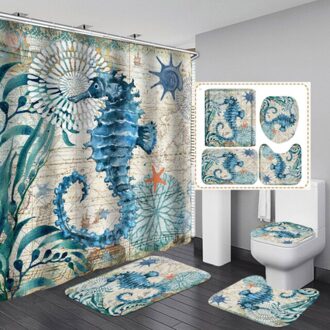 Patroon Oceaan Serie-Mooie Leven Waterdicht Douchegordijn Bad Mat Voetstuk Tapijt Deksel Wc Cover Badkamer 4 Stuks Blauw