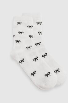 Patterned Bow Detail Socks, White - ONE SIZE
