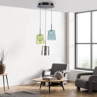 Paul Neuhaus LED hanglamp Zula, Ø 40 cm, kleurrijk, 3-lamps. rookgrijs, groen, blauw