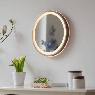 Paul Neuhaus LED-wandspiegel VIDRO, brons, Ø 36 cm, powerbank, schakelaar brons, spiegelend