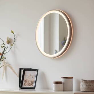 Paul Neuhaus LED-wandspiegel VIDRO, brons, Ø 46 cm, powerbank, schakelaar brons, spiegelend