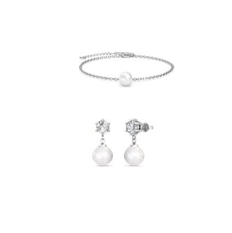 Pauline Crystal Pearl Set en Box - Oostenrijks kristal en parels Wit Zilver - One Size