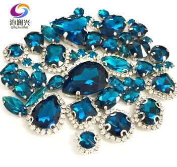 Pauw blauw Mix size Crystal gesp + klauw strass, silver base galss naaien op stenen diy/Kleding accessoires 50 stks/pak