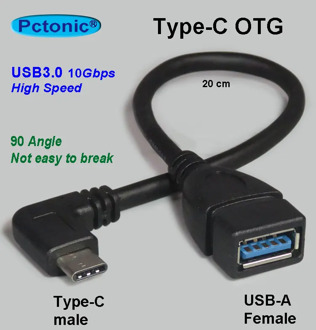 PCTONIC Type-C OTG to USB Female adapter USB3.0 90 Degree Right Angled elbow bending short 20cm