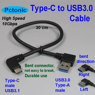 PCTONIC type-C to USB3.0 A male adapter cable type-A male to USB3.1 type-C 90 Degree Right Angled bent bending short cable 30cm
