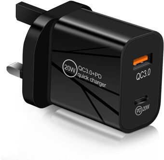 Pd Quick Charge 3.0 Usb Fast Charger 20W Universele Muur Mobiele Telefoon Tablet Opladers Voor Iphone 11 Xiaomi Samsung huawei Charger UK zwart