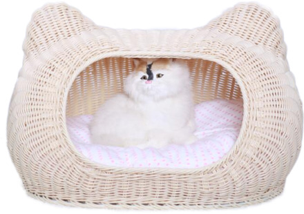 Pe Pp Rattancatbasket Kat Bed Zachte Hond Bed Ronde Wasbare Lange Pluche Kat Slaapbank Voor Hond Chihuahua Hond Mand huisdier Bed Beige